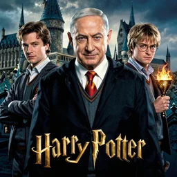 benjamin netanyahu in harry potter movie poster, philosopher's stone, goblet of fire, hogwarts background, highly detailed, by drew struzan and bruce pennington