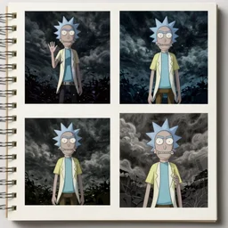 asset sheet, material study ( caricature ) rick and morty ( by mark ryden ) dark foreboding