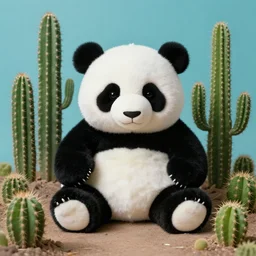 extremely detailed studio portrait of a cute panda plushie in a cactus garden. surreal photograph, lo - fi, polished look, solid background, silly and serious, hermes ad, fashion photography, toiletpaper magazine by pierpaolo ferrari and maurizio cattelan, 3 5 mm photograph, colourful, david lachapelle, canon eos c 3 0 0, 8 k, medium - format - print