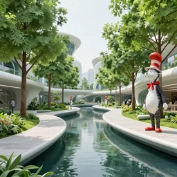 futuristic utopian public space, architecture, minimalist, urban green, walkways above canals, dr seuss lorax trees