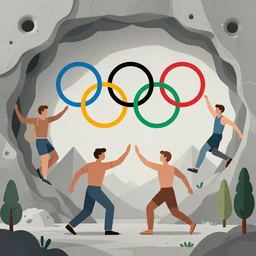multiple close interacting human figures as olympic icons, caves!, holes, mountains, trees!!, concept art, illustration, sss, occlusion, high contrast, very long shadows, on white