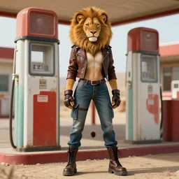 beautiful portrait of a female anthropomorphic lion fursona wearing a open leather jacket at an old gas station in the desert. leather gloves. combat boots. cargo jeans. character design by charlie bowater, ross tran, artgerm, and makoto shinkai, detailed, soft lighting, rendered in octane