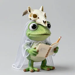 photorealistic frog cleric as a chibi muppet plush made from transparent sheer fabric wearing a wolf skull on its head and carrying a tiny sketch book and pencil, photography, national geographic, sesame street