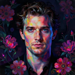 portrait of henry cavill, hyper detailed masterpiece, neon floral pattern, jean giraud, digital art painting, darkwave goth aesthetic, psychedelic, artgerm, donato giancola and tom bagshaw