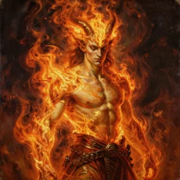portrait of a fire elemental man, by jacques - louis david, mattias adolfsson, moebius, dan mumford, trending on artstation, featured on pixiv, masterpiece, oil on canvas, cinematic composition, dynamic beautiful lighting,
