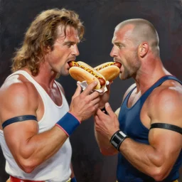 portrait of wwf shawn michaels and wwf steve austin sharing hotdogs, an oil painting by ross tran and thomas kincade