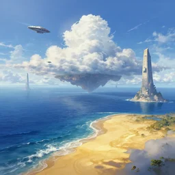 beautiful matte painting of golden shores of a blue dreamy ocean, heavenly island in the clouds floating above the ocean, spaceship flying by, towering monoliths emerging from the ocean, sci - fi, daylight, blue sky, cinematic lighting, cinematic perspective, syd mead, john harris, federico pelat