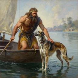 The boatman of the river styx adopts an undead borzoi to be his companion in hades, realistic fantasy artwork, greek mythology, oil painting on matte canvas