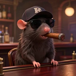 a still of an anthropomorphic gangster rat with a large cigar in its mouth, wearing sunglasses and a cap, long fur, sitting at a bar in a DIsney Pixar movie, 35mm f2.8, 4k, artstation, PBR materials, Pixar renderman render