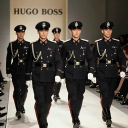 SS officers in black SS uniforms walking on the catwalk of a Hugo Boss fashion show in the early 40's, promotional pictures, 8k, colourised and restored