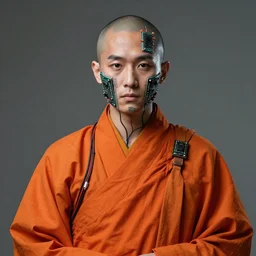 portrait of a techno monk in orange robes with wires and circuit boards coming out of his face
