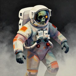 portrait of a zombie astronaut, colorful, modern art deco, mads berg, karolis strautniekas, christopher balaskas, stippled light, fog, moody, fine texture, editorial illustration, dramatic lighting, dynamic composition, detailed, matte print, dynamic perspective, muted color