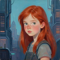 painting of a ten year old girl in a sci - fi cyberpunk city by lilia alvarado, red hair, freckles
