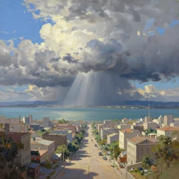 oil painting of a futuristic city near to a big lake, dramatic storm clouds, dusty street, sunrays, dramatic, very very very beautiful art, cinematic lighting, romanticism by goya, bright pastel color, blue sky