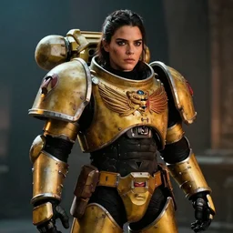 warhammer kendall jenner as space marine wearing space marine armor cinematic lighting dramatic lighting by annie leibovitz