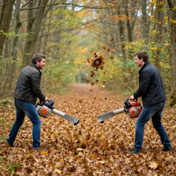 men with leaf blowers fighting the falling leaves in a forest, detailed face, CANON Eos C300, ƒ1.8, 35mm, 8K, medium-format print