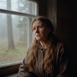 portrait bust of a mother, tired expression, faded color film, russian cinema, tarkovsky, kodachrome, inside old cabin, next to window, heavy forest outside, long brown hair, old clothing, heavy fog, brown color palette, hudson river school, 4 k, dramatic lighting, greg rutkowski