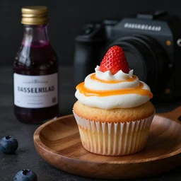 dslr food photography of a single strawberry cupcake, on a wooden plate, with white - orange - striped creme topping and a bottle of blueberry sauce on the side, macro shot, hasselblad, 1 0 0 mm f 1. 8, dimmed lightning