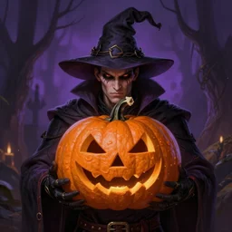 detailed portrait of a halloween pumpkin necromancer, by justin gerard and greg rutkowski, digital art, realistic painting, dnd, dungeons & dragons, character design, trending on artstation