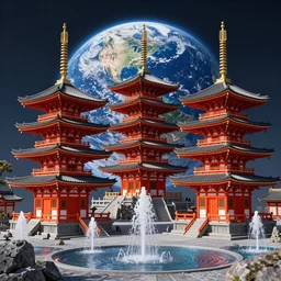 japanese pagodas built on the moon with fountains with the earth in the background, hyperdetailed, artstation, cgsociety, 8 k