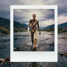 polaroid of humanoid made from driftwood walking through a shallow river