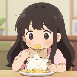 cute girl eating a cat in anime style