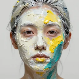 a woman's entire face encrusted with thickly painted oil paint, strong brush marks, colours : white, cream, naples yellow, teal