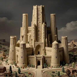 mc escher and hr giver inspired claymation diorama of the huge citadel by wes anderson