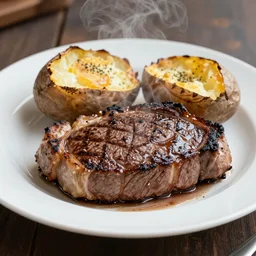 a delicious perfectly cooked mouth-watering steak with a steaming-hot baked-potato