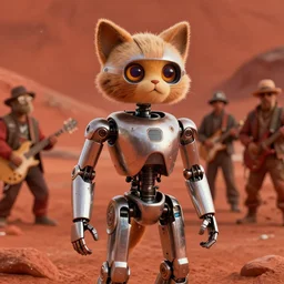 film still from the movie chappie of the robot chappie shiny metal outdoor planet mars deep orange red rock scene bokeh depth of field several figures hip hop funk band promo furry anthro anthropomorphic stylized cat ears head android service droid robot machine fursona
