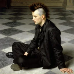 travis bickle has a mohawk, on a checkered floor, by edward burne - jones