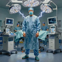 A mixed media painting of a surgeon standing in an operating room, surrounded by new technology, infused with lightning, very aesthetic, curvy, surgical mask covering face, surgical gown and scrubs on, by Frank Frazetta, Greg Rutkowski, Boris Vallejo, Beeple, Yoko Taro, Christian MacNevin, CGsociety, full length, exquisite detail, post-processing, masterpiece, cinematic