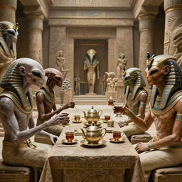 big budget scifi movie set in ancient egypt alien brainsuckers drinking tea with egyptian gods, cinematic, hyperrealistic, tarkovski