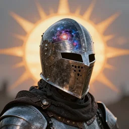a medieval knight in front of the sun of a susnet, unique helmet made of a nebula, detailed, intricate, close up, high fantasy, by wlop, by ross tran, by andreas rocha