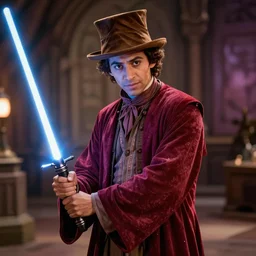 willy wonka as a jedi from star wars, using jedi robe and holding a lightsaber, realistic 4 k,