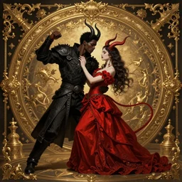black man and a woman-devil in red dress with horns are dancing together, in Dark souls and elden ring style, insanely detailed and intricate, golden ratio, hypermaximalist, elegant, ornate, luxury, elite, ominous, haunting, matte painting, cinematic, cgsociety, James jean, Brian froud, ross tran, Laputa