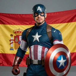 Pedro Sanchez as captain america with the colours of spanish flag