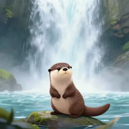 A cute otter playing in front of a huge ethereal waterfall by Greg Rutkowski,