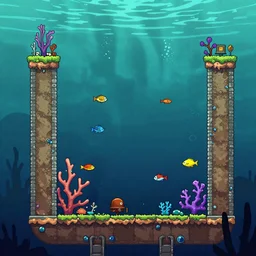 beautiful art for a 2d side scroller game set in an underwater fallout survival base with lots of coral and fish inspired by night in the woods