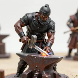 a muscular dwarf blacksmith, wearing blacksmith clothing!!!!!!!, swinging hammer down forging a sword on an iron anvil, cinematic, epic, medieval, renaissance festival, realistic, tabletop miniatures!!!!!!, product photos by greg rutkowski, craig mullins, archvillain, titanforge, blizzard, hearthstone, mtg, wotc
