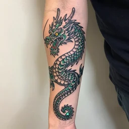 Arm tatoo of a dragon starting from the elbow, wrapping around the wrist in a downward spiral, emerald placed inside of the dragons mouth
