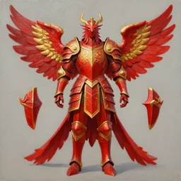 Frontal view of a set of armor, phoenix-inspired, full body, empty, ornamental, Red, Gold, wings, d&d, simple, fantasy, Acrylic painting, trending on artstation, artstationHD, artstationHQ, cgsociety