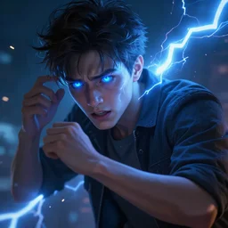 a handsome young man with glowing blue eyes sparkling with blue lightning in emotional turmoil. sparks. electricity. digital art. fantasy. matte painting sharp focus. action pose. dynamic poses. highly detailed. uhd. by michael garmash. krenz cushart tianhua xu