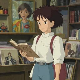 a girl in a record store, art by hayao miyazaki, studio ghibli film screenshot