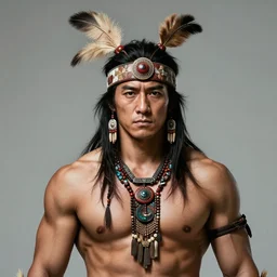 half - body portrait, tribal headwear, muscled man, takeshi kaneshiro as a brave tribal warrior, detailed, concept art by artem priakhin