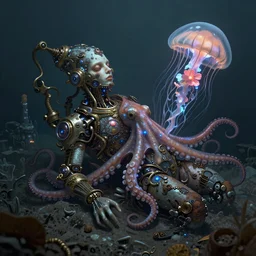 underwater photography of a steampunk human corpse in symbiosis with an octopus and a jellyfish, intricate and ornate alien technology, bioluminescence, bloom, dim rim lighting, by victor grasso and scott musgrove, anton semenov and tooth wu, digital illustration, concept art, cg society
