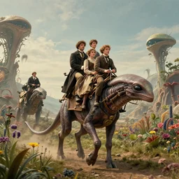 film still from a sci fi blockbuster movie made in 2022, set in 1860, of a family riding on the back of alien creatures, on an alien planet, across an alien landscape that is full of strange wild alien plants and flowers, family are wearing 1850s era clothes, steampunk, good lighting, 4k, in focus faces, good quality photography, oscar winner