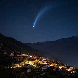 a beautiful double exposure of the comet astronomy picture of the day, with a mountain village landscape at night