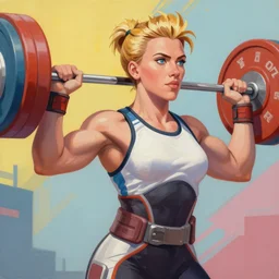 greg manchess portrait of scarlett johansson as roided thick very muscular weightlifter zarya from overwatch with short blond hair and ponytail, fantasy, medium shot, asymmetrical, profile picture, organic painting, sunny day, matte painting, bold shapes, hard edges, street art, trending on artstation, by huang guangjian and gil elvgren and sachin teng