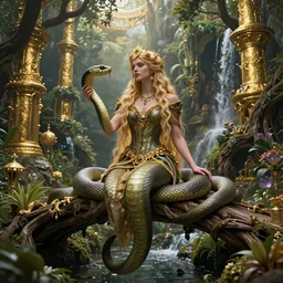 a beautiful sorcerers serpent goddess in a magical kingdom nature and gold towers, magic gardens and waterfalls a bridge made out of oaks, beauty abundance and a by ida rentoul outhwaite and rebecca guay